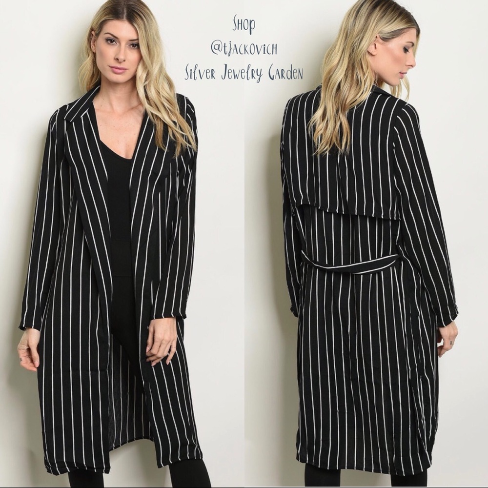 Black with White Stripes Full Length Cardigan